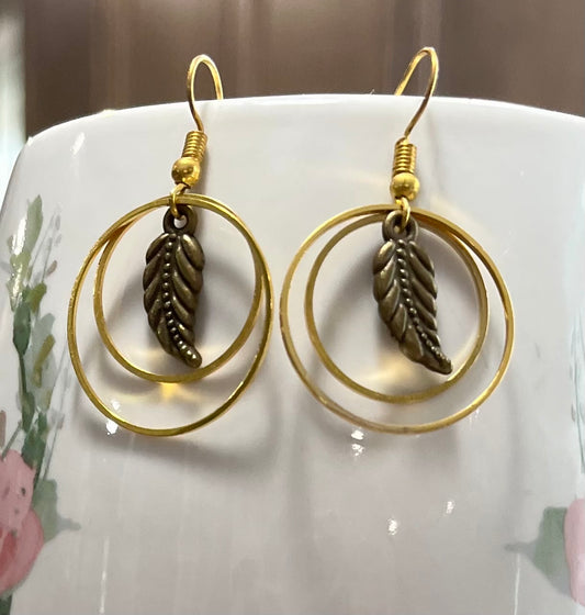 Small double gold hoop with bronze leaf
