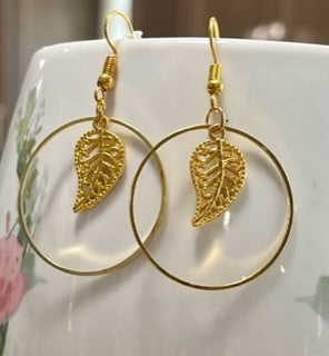 Small gold plated hoop with leaf