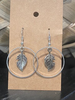 Small silver hoop with dangle leaf